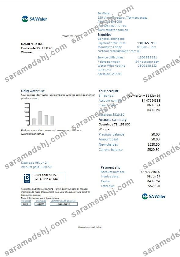 Netherlands SA water business utility bill Word and PDF template